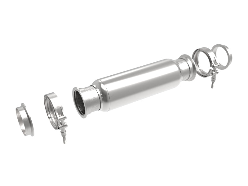 Afe MACH Force-Xp resonator with 3-inch inlet and outlet, 4-inch diameter, and 16-inch overall length, shown disassembled.