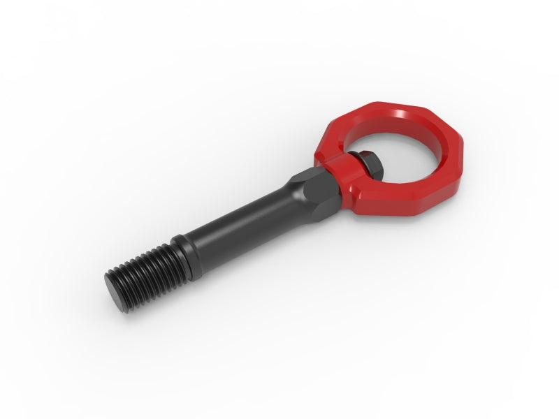 aFe CONTROL Tow Hook for Nissan Z 23-25 V6-3.0L, featuring a durable design with a red loop and black threaded shaft.
