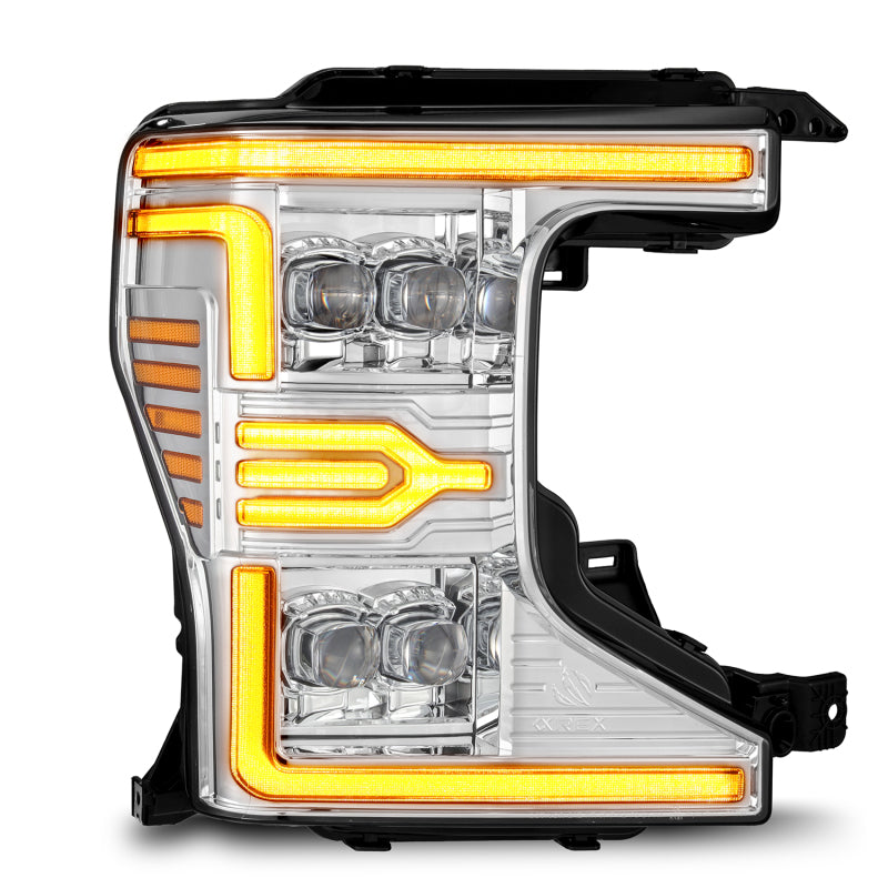 AlphaRex NOVA-Series LED projector headlights for 20-22 Ford F-250/350/450/550 with chrome finish and integrated daytime running lights.