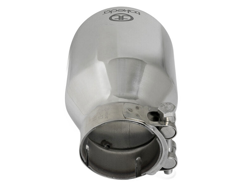Polished stainless steel afe Takeda universal exhaust tip with a 2.5-inch inlet, 4-inch outlet, and 6-inch length.