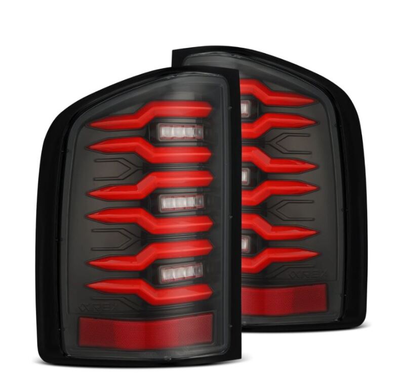 AlphaRex Luxx-Series LED tail lights for 07-14 Chevrolet Silverado, featuring a sleek black and red design.