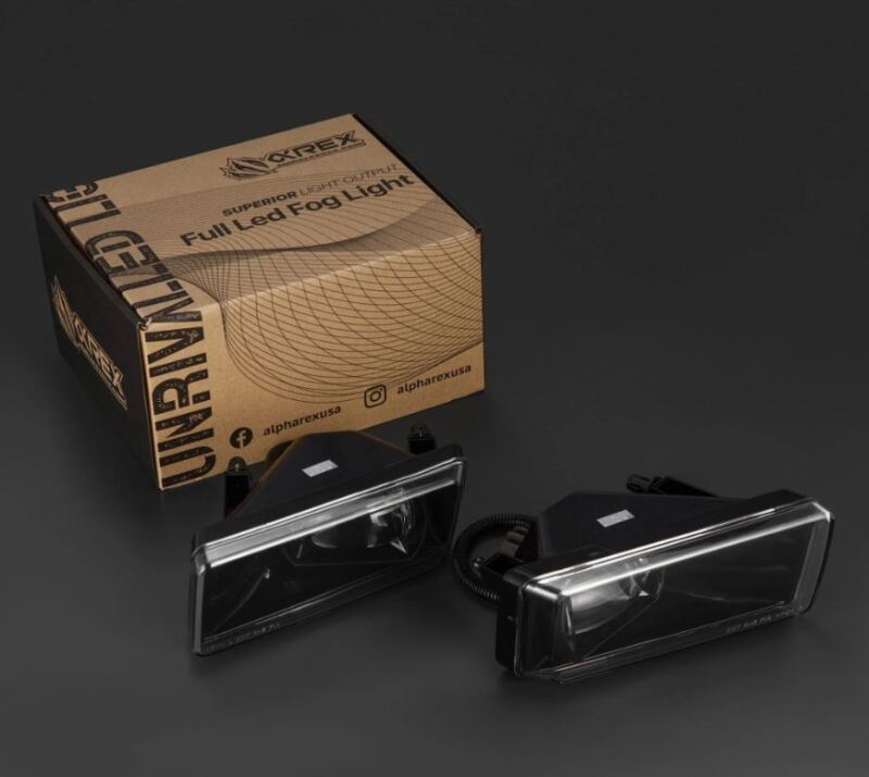 AlphaRex DoubleTap dual color LED fog lights for 07-13 Chevrolet Silverado and 04-17 Tahoe in packaging.