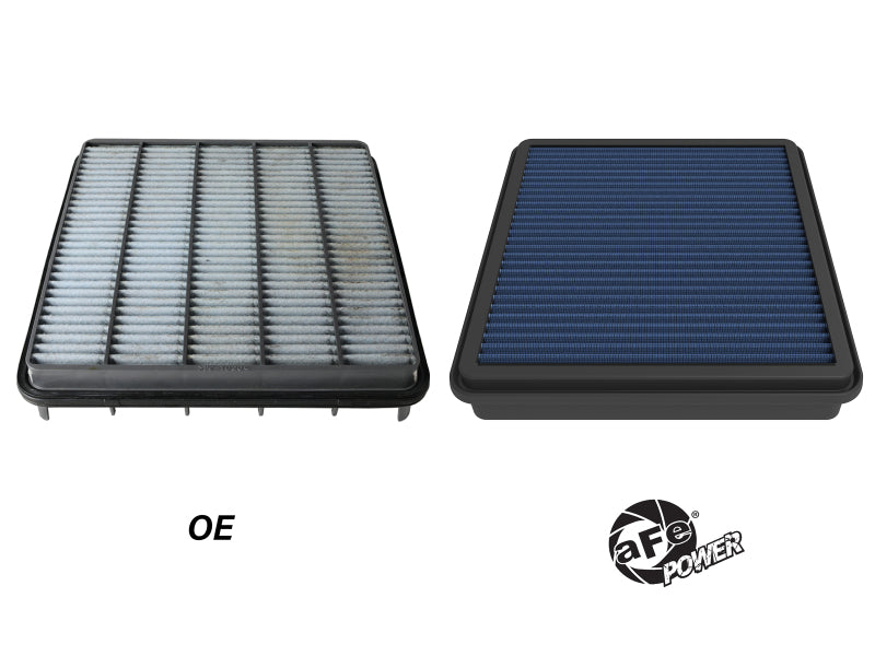 aFe Magnum FLOW OE replacement air filter for Toyota Land Cruiser J200, designed for V8-4.5L engines, showcasing two filter designs.