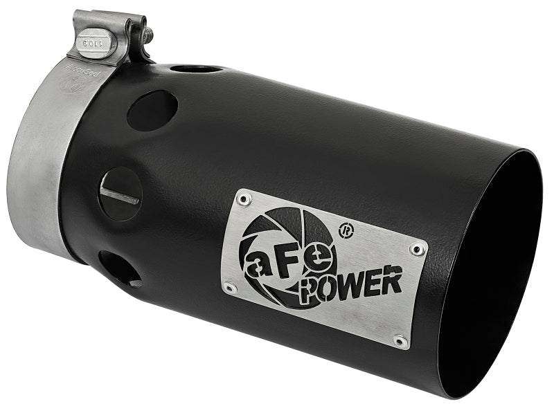 AFE Rebel XD Series universal exhaust tip featuring a 4-inch inlet, 5-inch outlet, and 10-inch length in a sleek black finish.