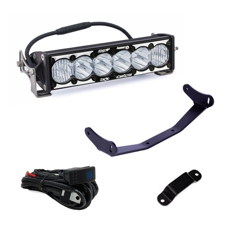 Baja Designs Can-Am Maverick R 10in OnX6+ Laser Hybrid Shock Tower Kit with light bar, mounting brackets, and wiring harness.