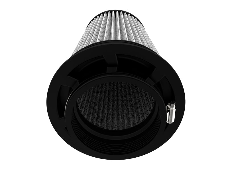 Inverted air filter with a cylindrical design, featuring a pleated filter element and a black housing for enhanced airflow.