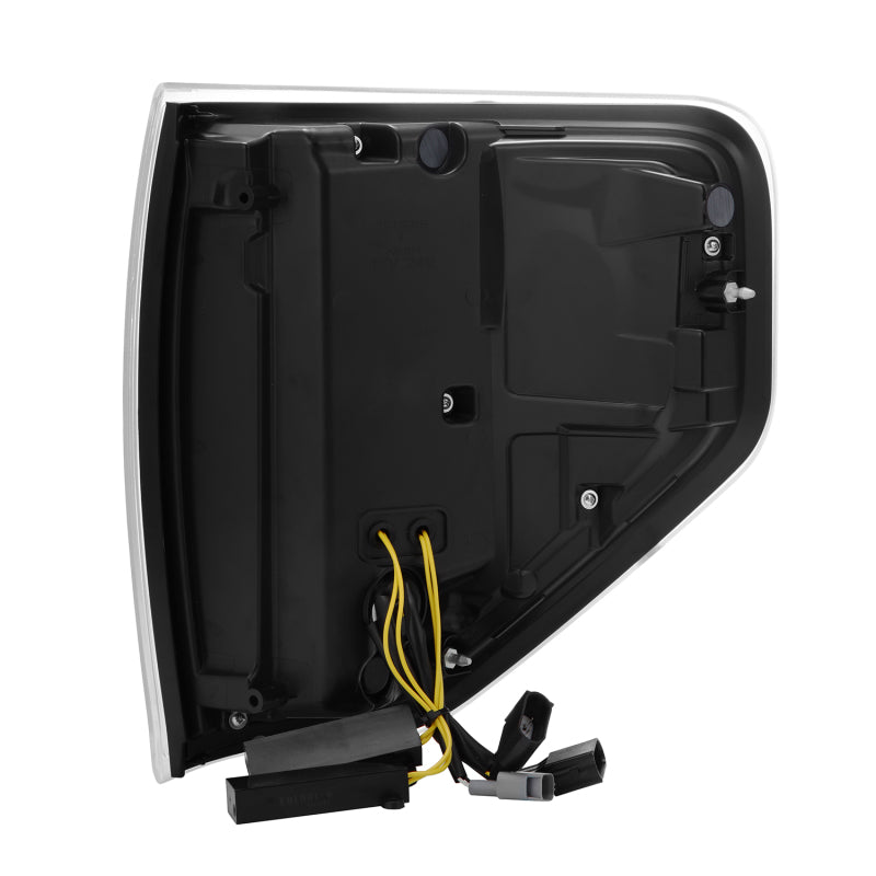 AlphaRex LUXX LED taillights for 09-14 Ford F150 with AlphaBlack housing, showcasing wiring and design details.