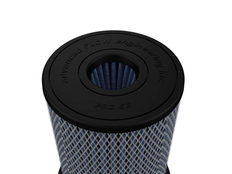 aFe MagnumFLOW Pro 5R air filter with inverted design, featuring a black top and blue filter media for enhanced airflow.