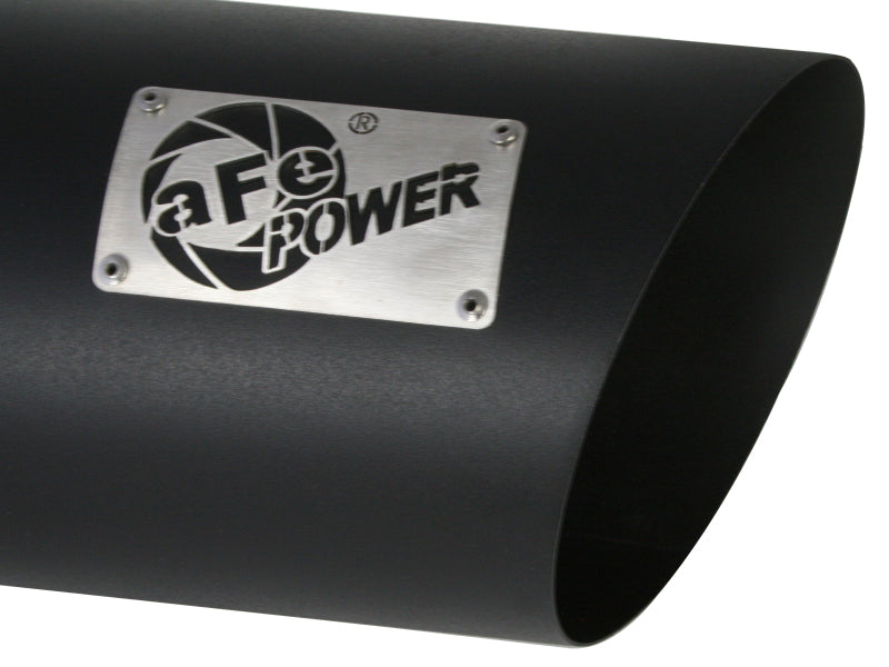 Black aFe MACH Force-Xp universal exhaust tip featuring a 4-inch inlet, 7-inch outlet, and 18-inch length for enhanced performance.