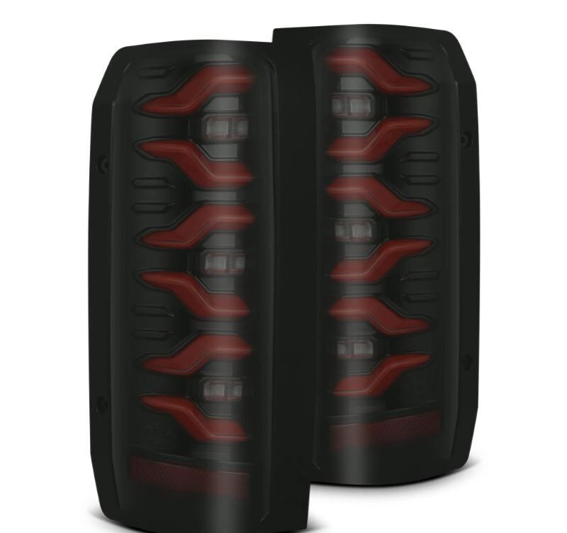 AlphaRex Luxx-Series LED tail lights for 87-96 Ford Bronco and F-150 in black and red design, enhancing vehicle style and visibility.