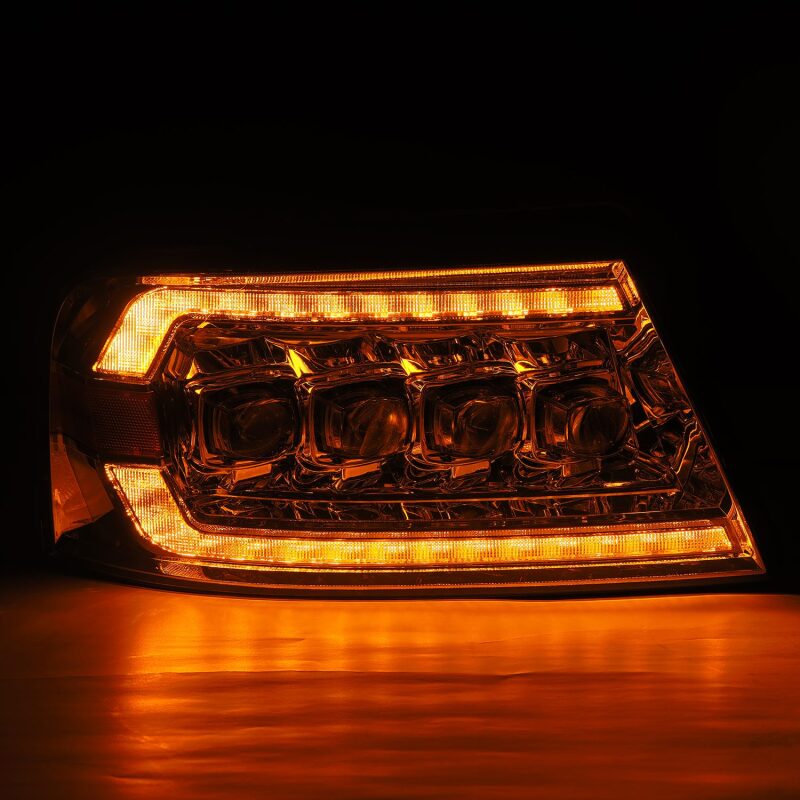 AlphaRex NOVA LED projector headlights for 04-08 Ford F150 and 06-08 Lincoln Mark LT with chrome finish and sequential lighting.