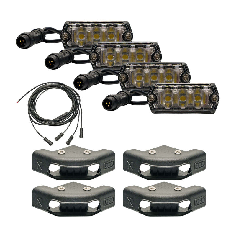 ARB Nacho Nano Base Rack Corner Cap 4-Light Kit includes four LED lights and mounting hardware for enhanced visibility.
