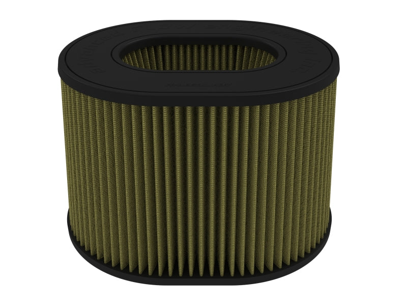 afe Magnum FORCE replacement air filter with a cylindrical design, featuring pleated filtration material for enhanced airflow.