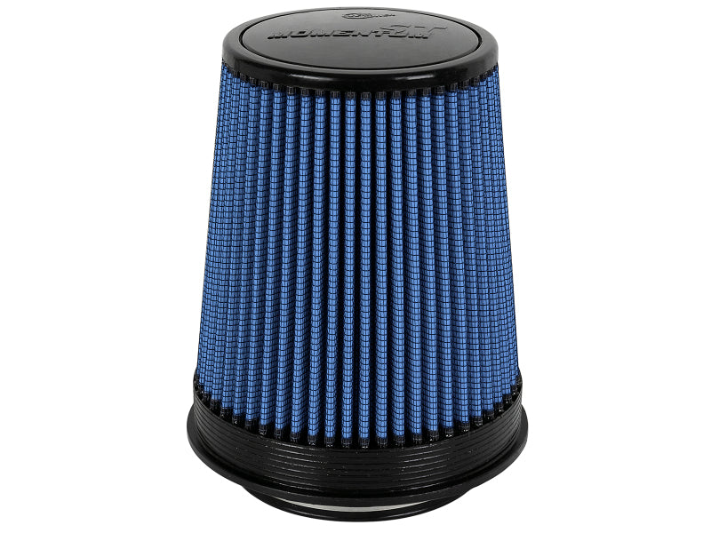 Blue afe Momentum intake replacement air filter with a cylindrical shape and pleated design for enhanced airflow and performance.