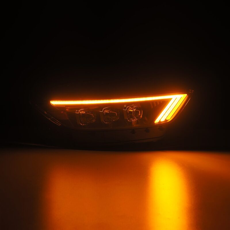AlphaRex NOVA Series LED projector headlights for 15-17 Ford Mustang in black with dynamic amber turn signals.