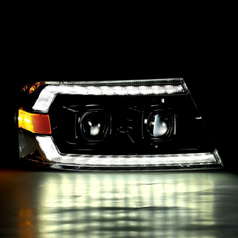 AlphaRex 04-08 Ford F150 PRO-Series projector headlights with chrome finish, featuring sequential signal and daytime running lights.