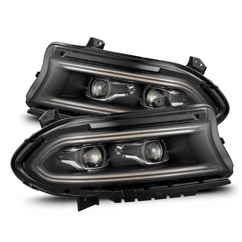 AlphaRex LUXX-Series LED projector headlights for 2015-2023 Dodge Charger in black, featuring sequential signal and daytime running lights.