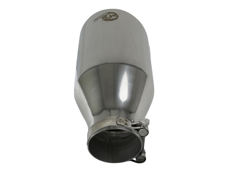 Polished stainless steel afe MACH Force-Xp exhaust tip with a 2-1/2 inch inlet, 4-1/2 inch outlet, and 9 inch length.
