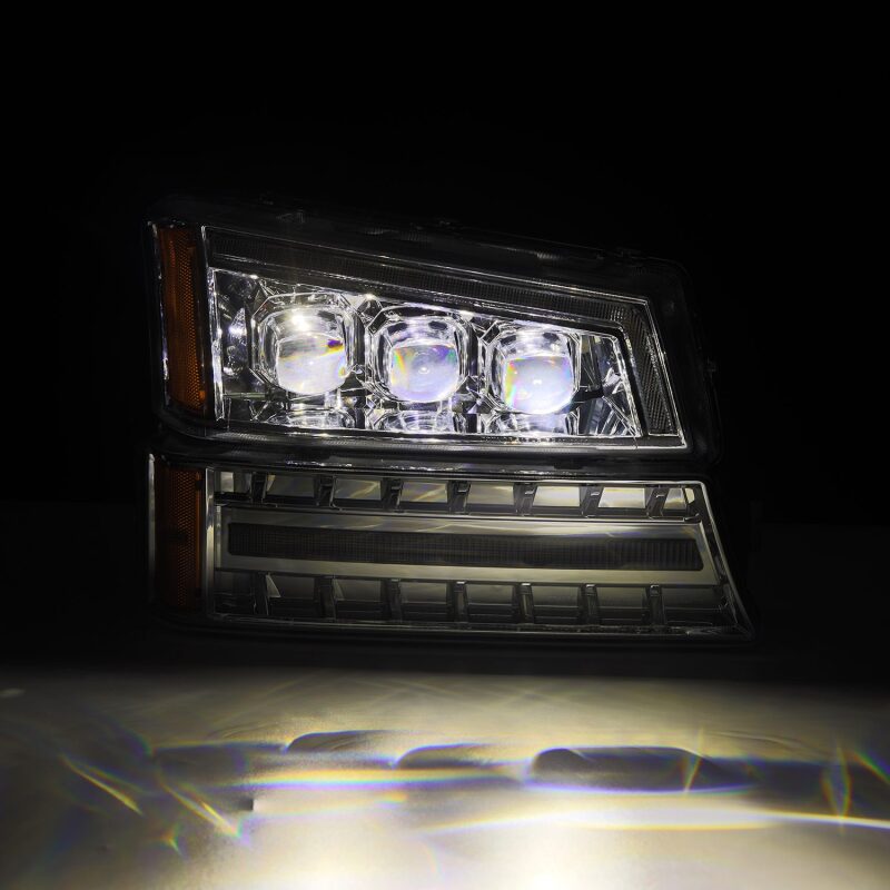 AlphaRex Chrome NOVA LED projector headlights for 03-06 Chevy Silverado and Avalanche, showcasing bright illumination and sleek design.