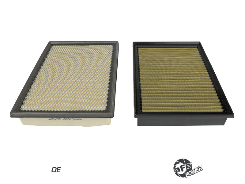 Afe Magnum FLOW OE replacement air filter for Toyota Hilux 2015-2020, showcasing two filter designs side by side.