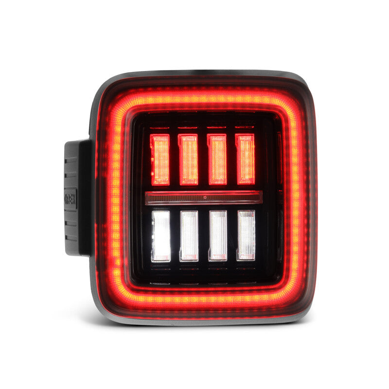 AlphaRex 18-23 Jeep Wrangler JL NOVA Prismatic LED taillights in Alpha-Black with a modern design and bright illumination.