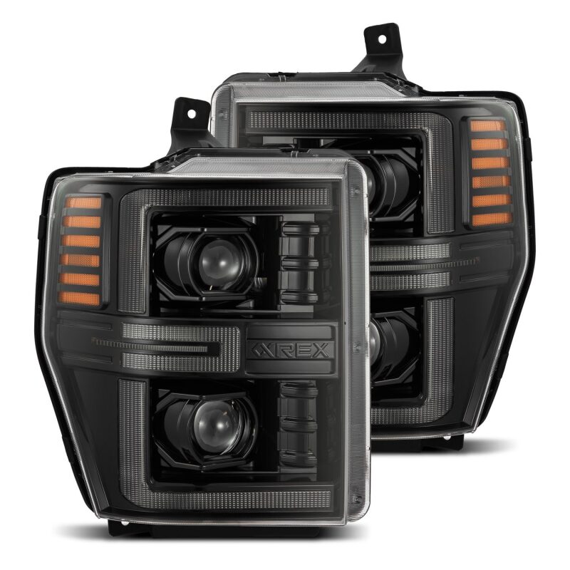 AlphaRex LUXX-Series LED projector headlights for 08-10 Ford F250-550, featuring black housing and sequential signals.