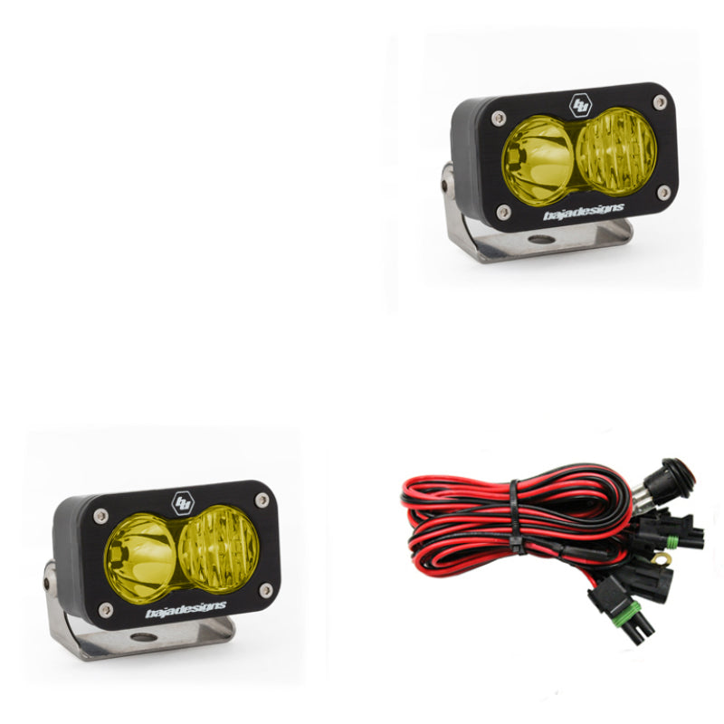 Baja Designs S2 Sport amber LED work lights with a driving combo pattern and wiring harness for offroad vehicles.