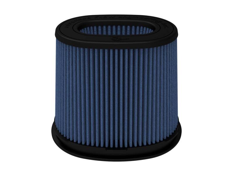 aFe MagnumFLOW Pro 5R Air Filter featuring a cylindrical design with blue filter media and a black rubber base, ideal for enhanced airflow.