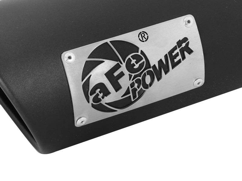 Black afe MACH Force-Xp exhaust tip with a 3-1/2 inch inlet, 4-1/2 inch outlet, and 12 inch length, featuring a stainless steel logo plate.