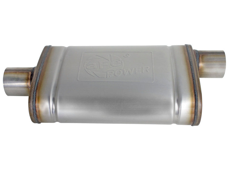 AFE MACH Force-Xp oval muffler with 2.5-inch inlet, offset/center design, featuring a polished stainless steel finish.