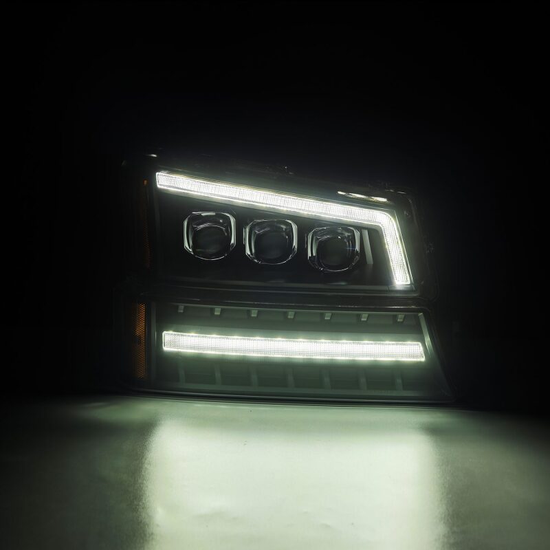 AlphaRex Black NOVA LED projector headlights for 03-06 Chevy Silverado and Avalanche, featuring sleek design and bright illumination.