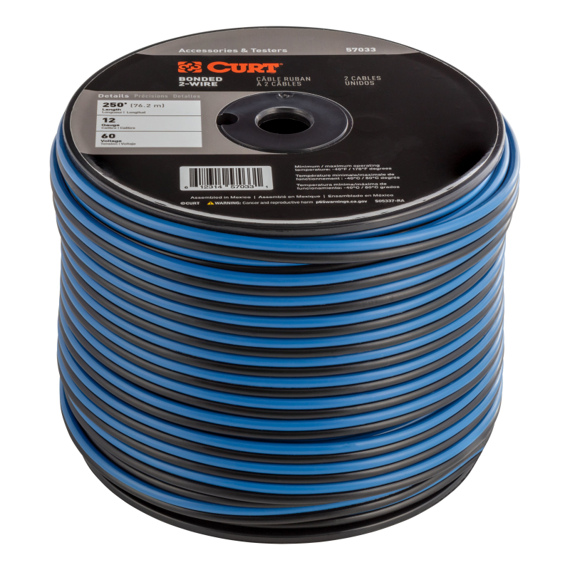 CURT Automotive Primary Wire, 2-Bond Black, Blue 250' Spool Model 57033