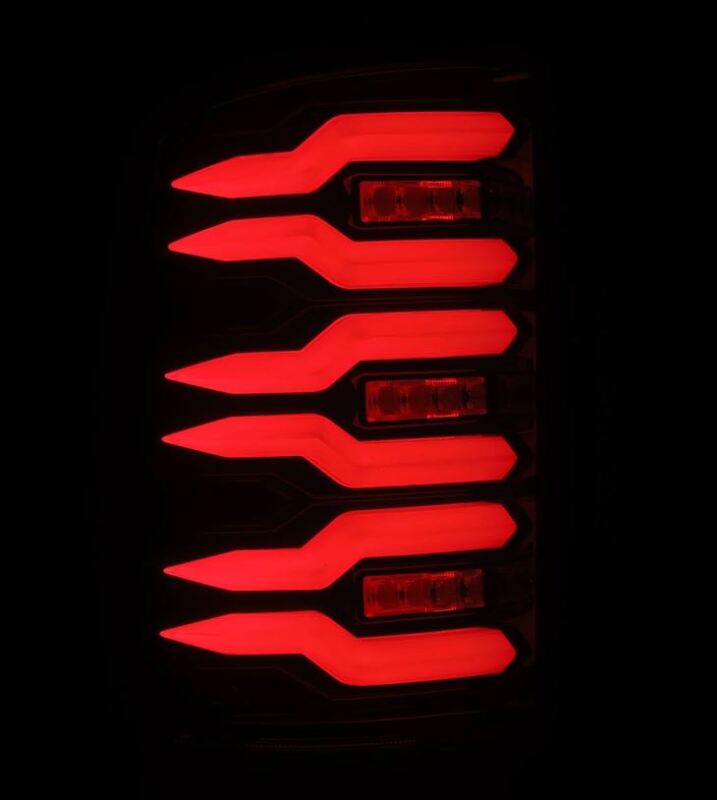 AlphaRex Luxx-Series LED tail lights for 07-13 GMC Sierra 1500 and 07-14 2500/3500HD in black and red design.