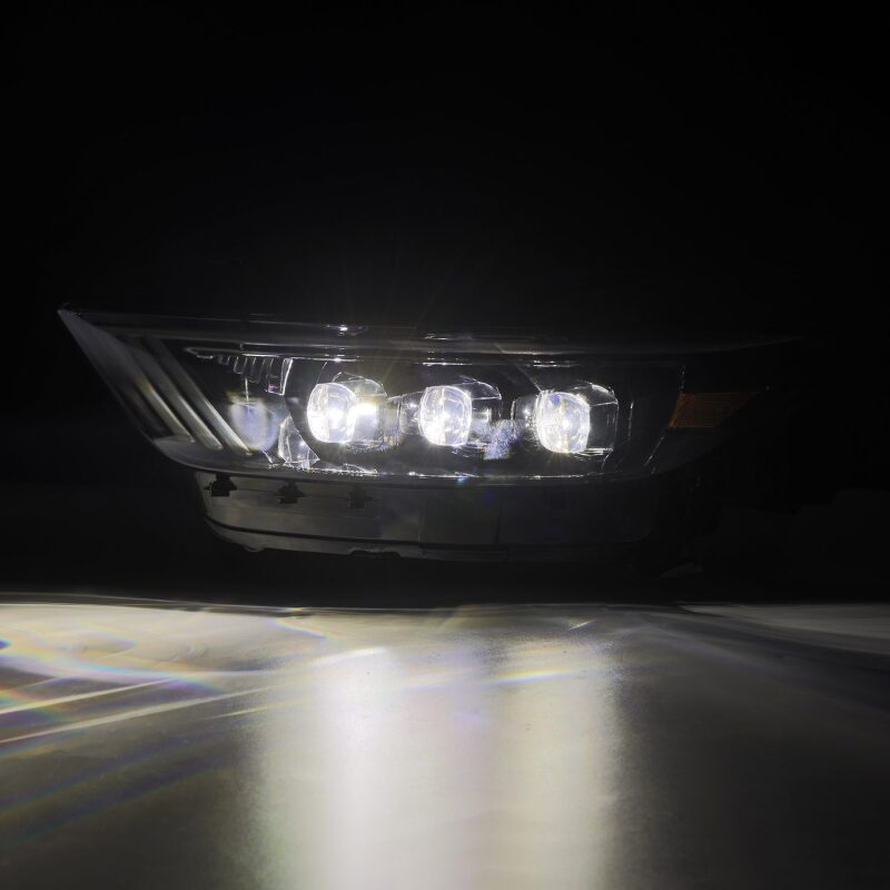 AlphaRex NOVA LED projector headlights for 2015-2017 Ford Mustang in Alpha-Black with sequential signals and switchback DRL.