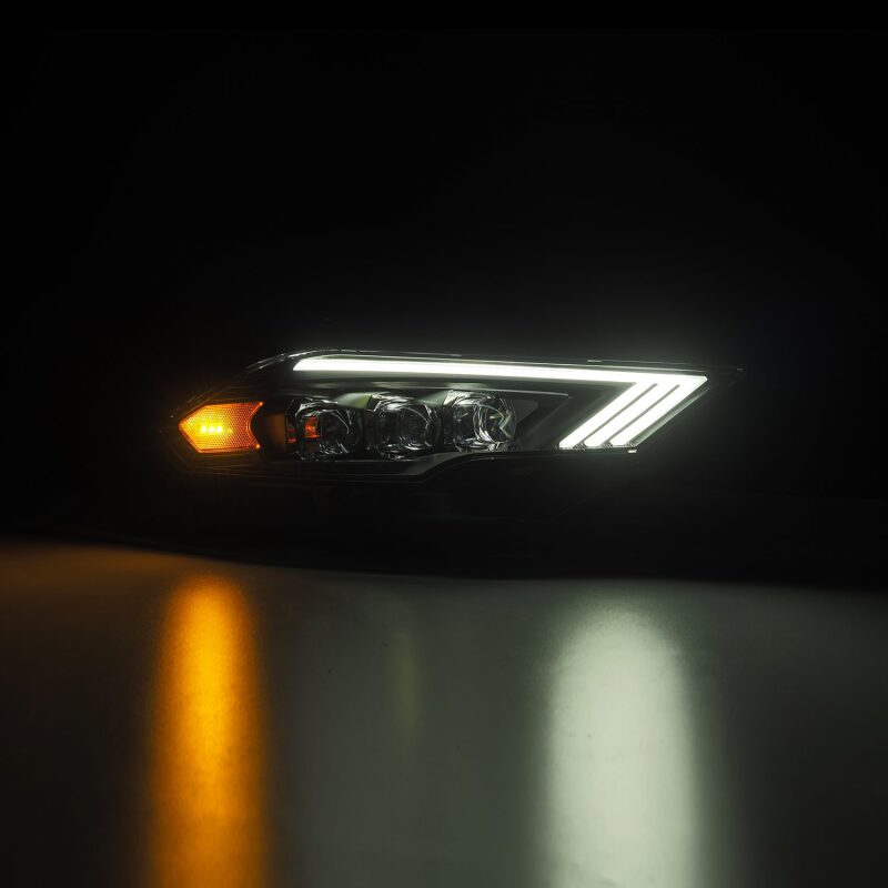 AlphaRex NOVA-Series LED projector headlights for 2018-2022 Ford Mustang in black, showcasing sleek design and bright illumination.