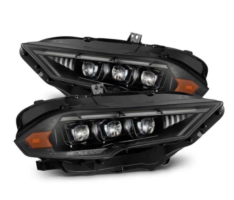 AlphaRex NOVA LED projector headlights for 2018-2020 Ford Mustang in alpha-black with sequential signal and switch DRL.