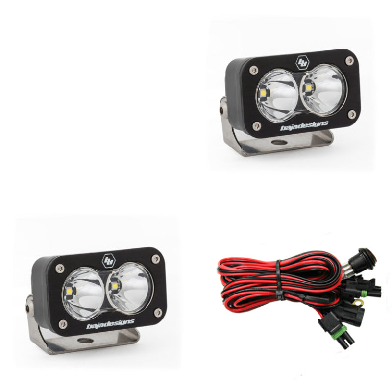 Baja Designs S2 Sport LED work lights with clear lenses and mounting brackets, ideal for offroad and outdoor use.