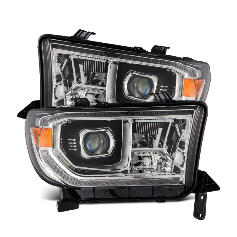 AlphaRex LUXX LED projector headlights for 07-13 Toyota Tundra and 08-17 Sequoia with chrome finish and sequential signals.