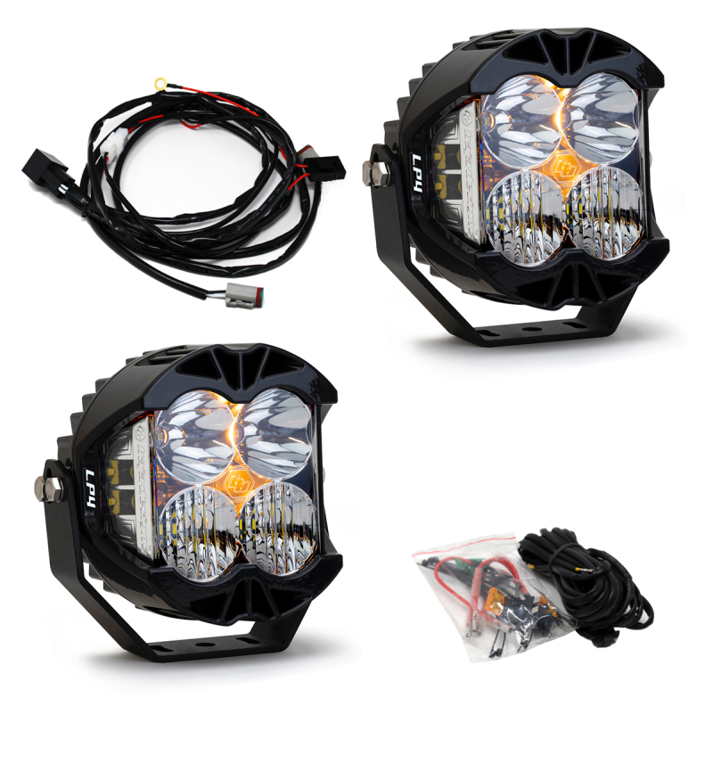 Baja Designs Jeep JL/JT Rubicon Steel Bumper LED Light Kit LP4 with wiring harness and upfitter components for enhanced visibility.