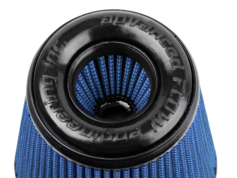 aFe Magnum FLOW Pro 5R round tapered air filter featuring a blue filter element and black rubber base for OE replacement.