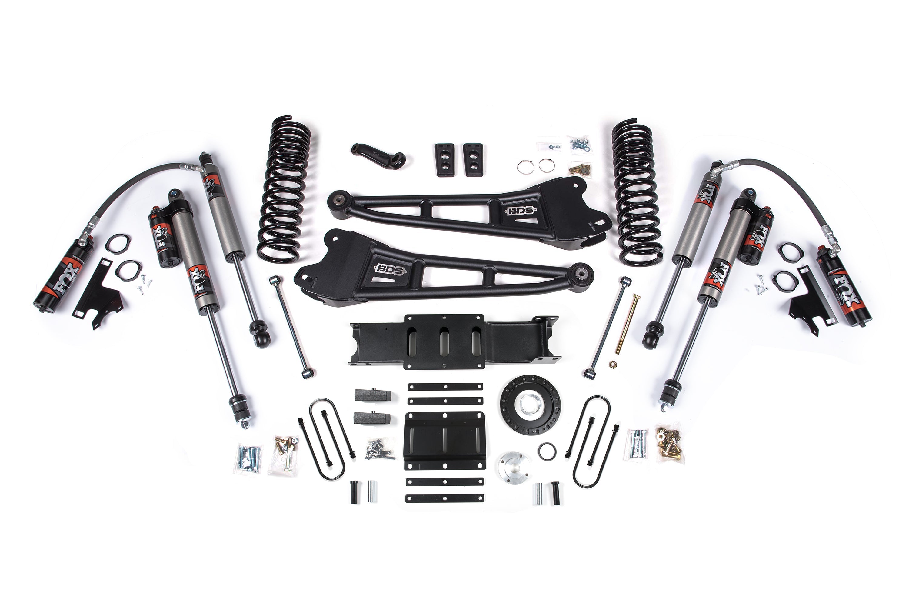 6-inch lift kit with radius arms for 2013-2018 Ram 3500 4WD diesel, including shocks, springs, and installation hardware.