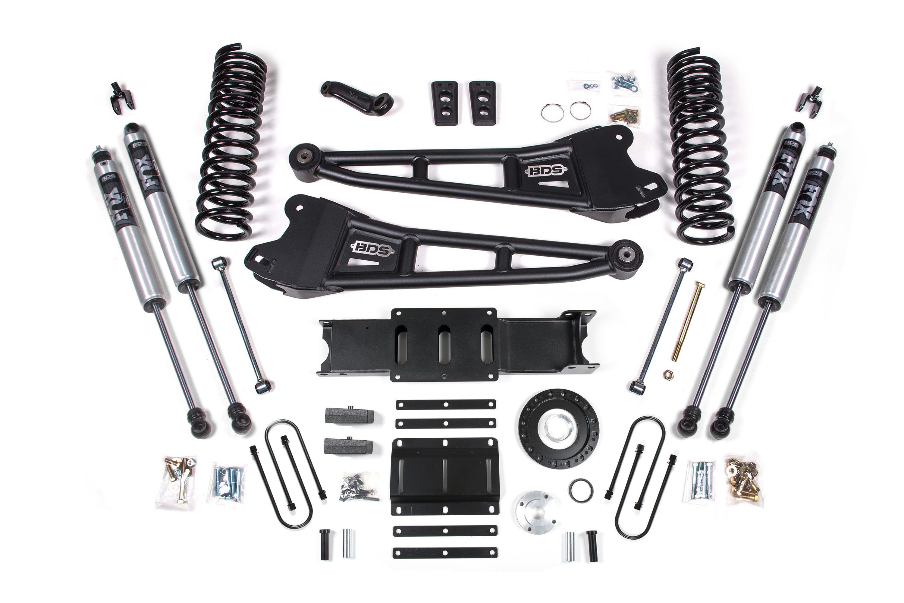 6-inch lift kit with radius arms for 2013-2018 Ram 3500 4WD diesel, including shocks, springs, and installation hardware.