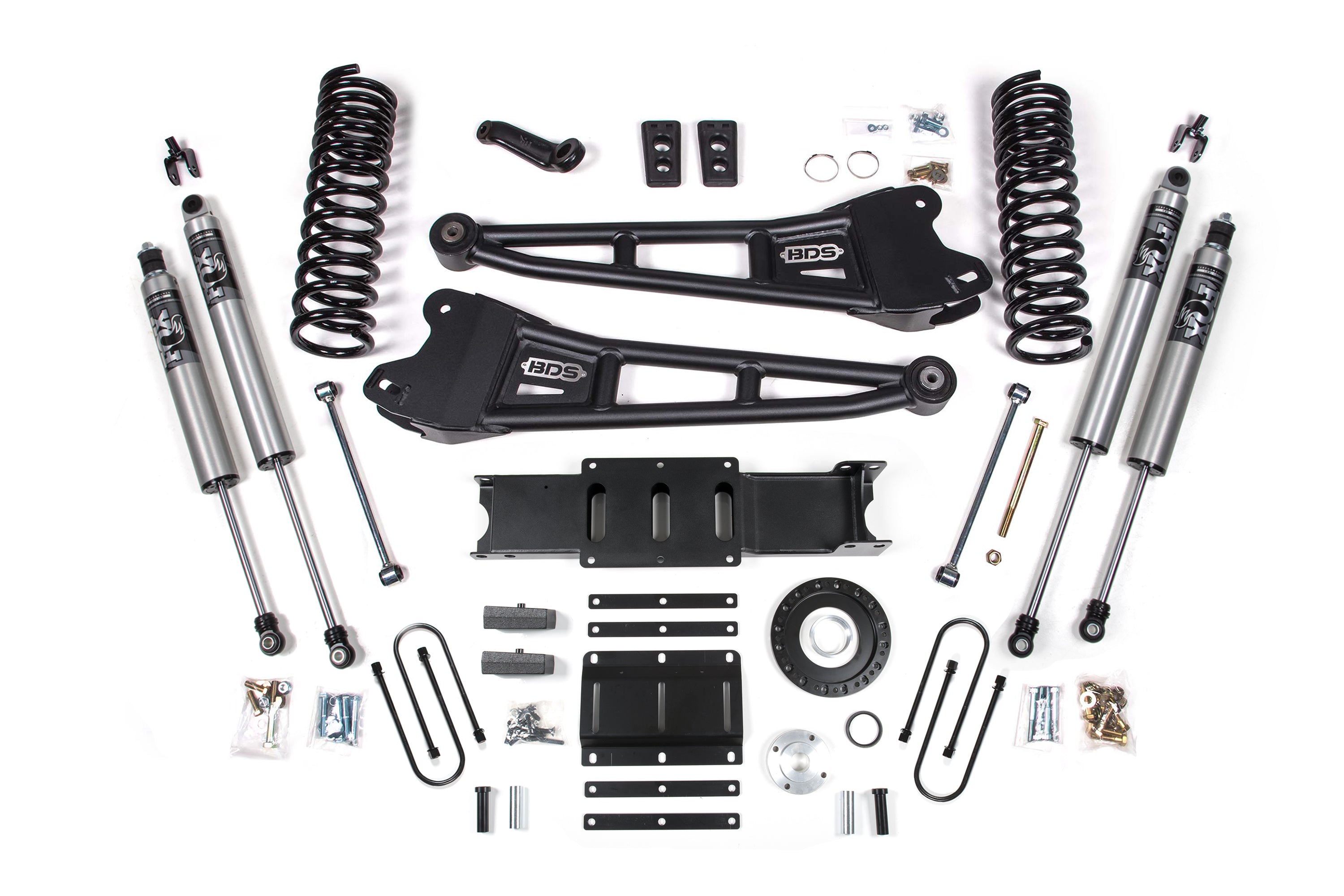 6-inch lift kit with radius arms for 2013-2018 Ram 3500 4WD diesel, featuring shocks, springs, and installation hardware.