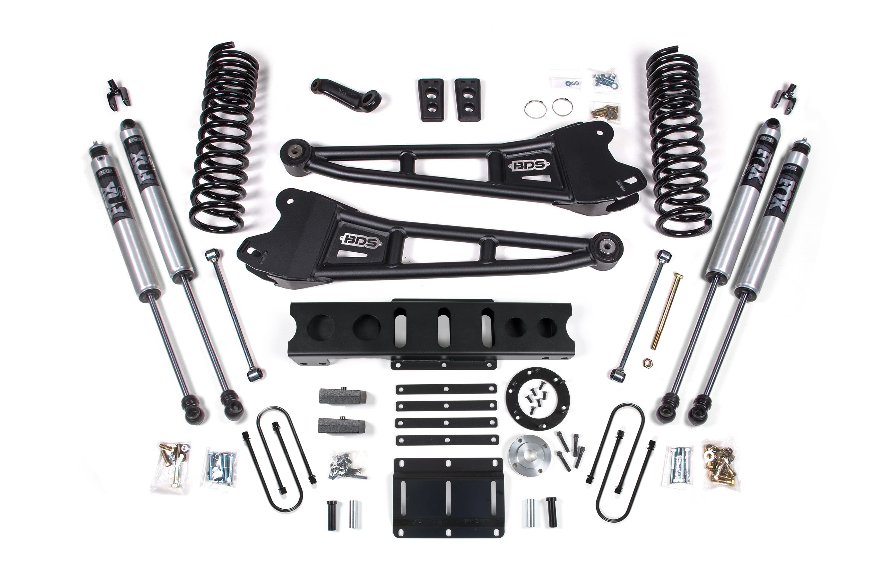 6-inch lift kit with radius arms for 2013-2018 Ram 3500 4WD diesel, including shocks, springs, and installation hardware.