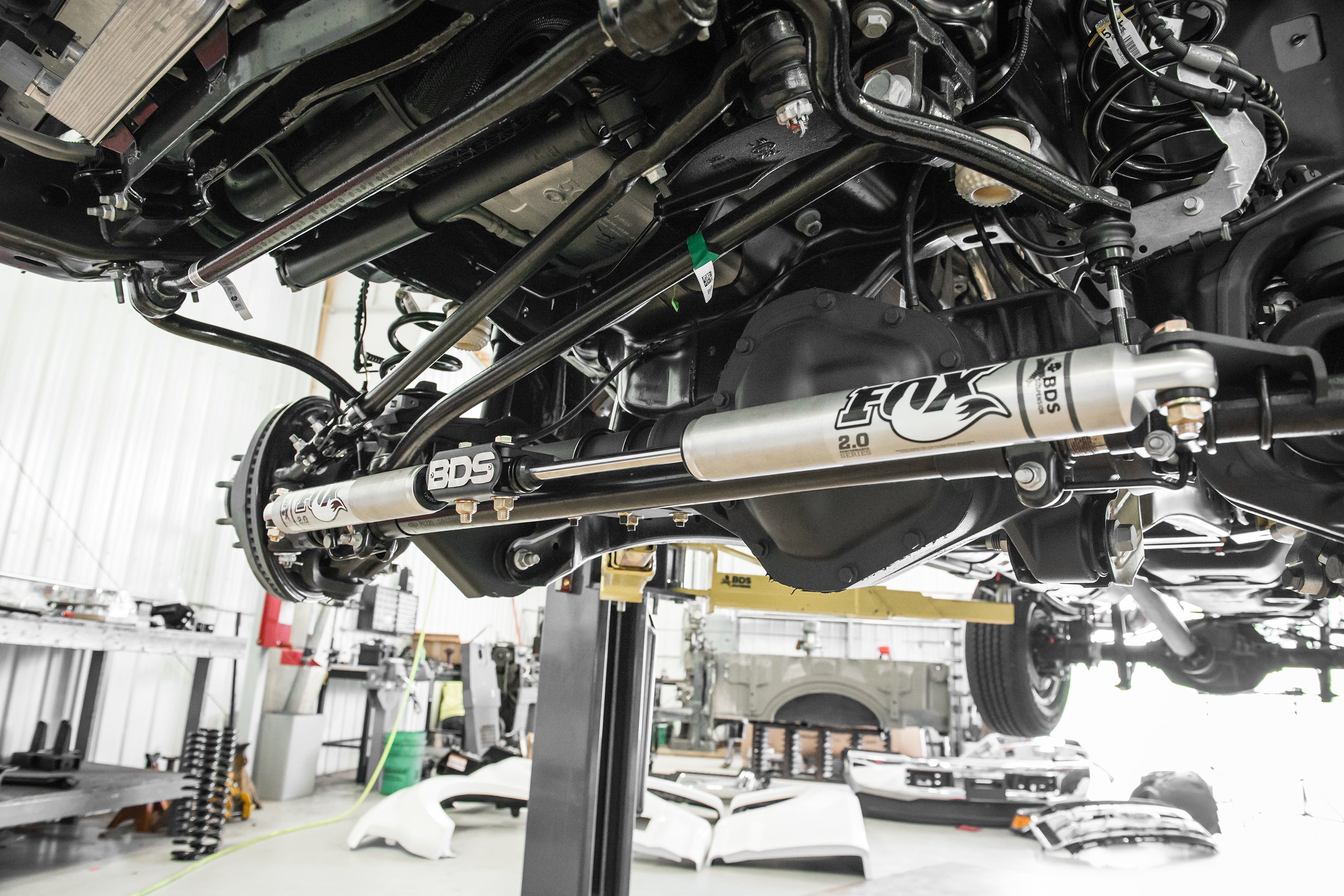 BDS Suspension dual steering stabilizer kit with FOX 2.0 performance shocks installed on a Ford F250/F350 Super Duty.