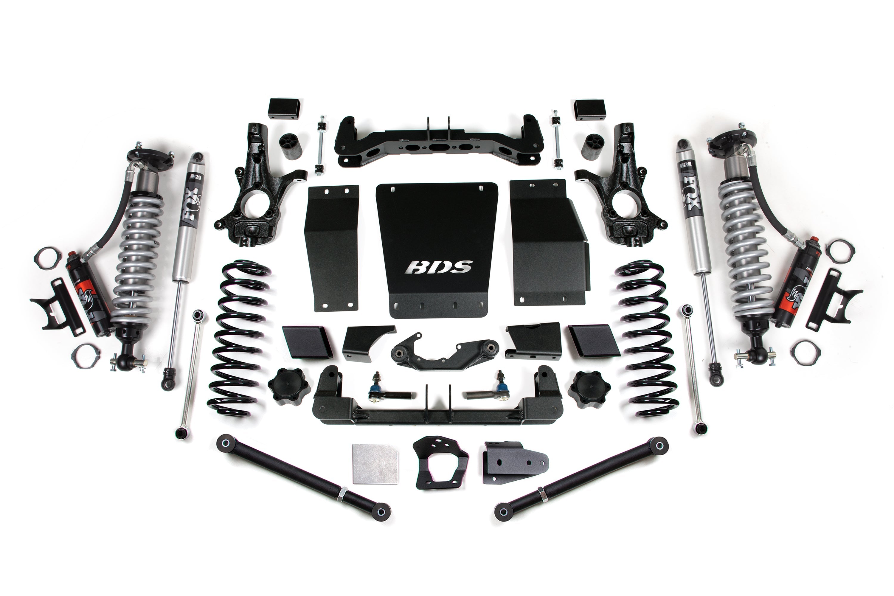 6-inch lift kit components for Chevy/GMC Suburban, Tahoe, Yukon/XL 1500, featuring FOX 2.5 coil-over shocks and hardware.