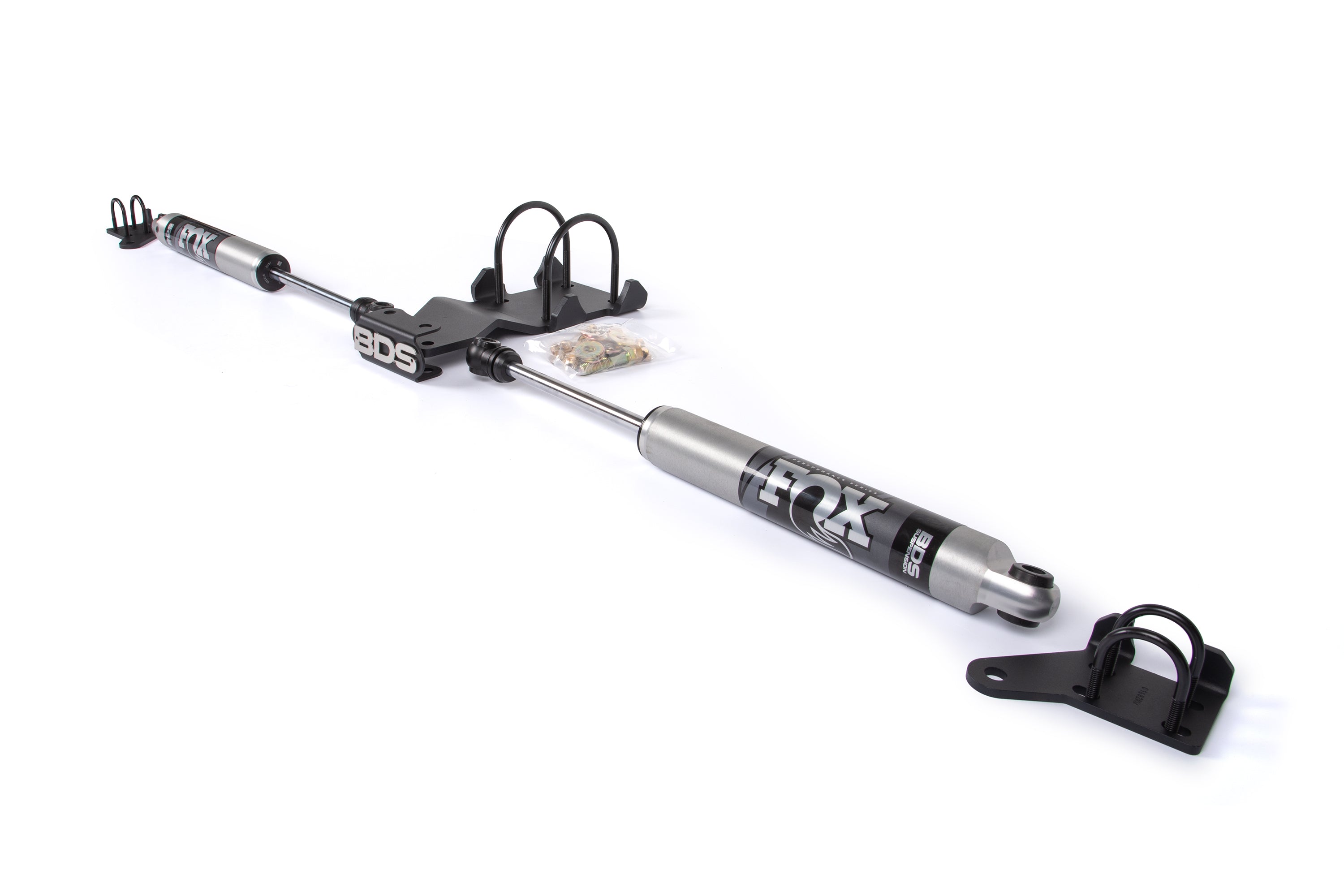BDS Suspension dual steering stabilizer kit with FOX 2.0 performance shocks for Ford F250/F350 Super Duty trucks.