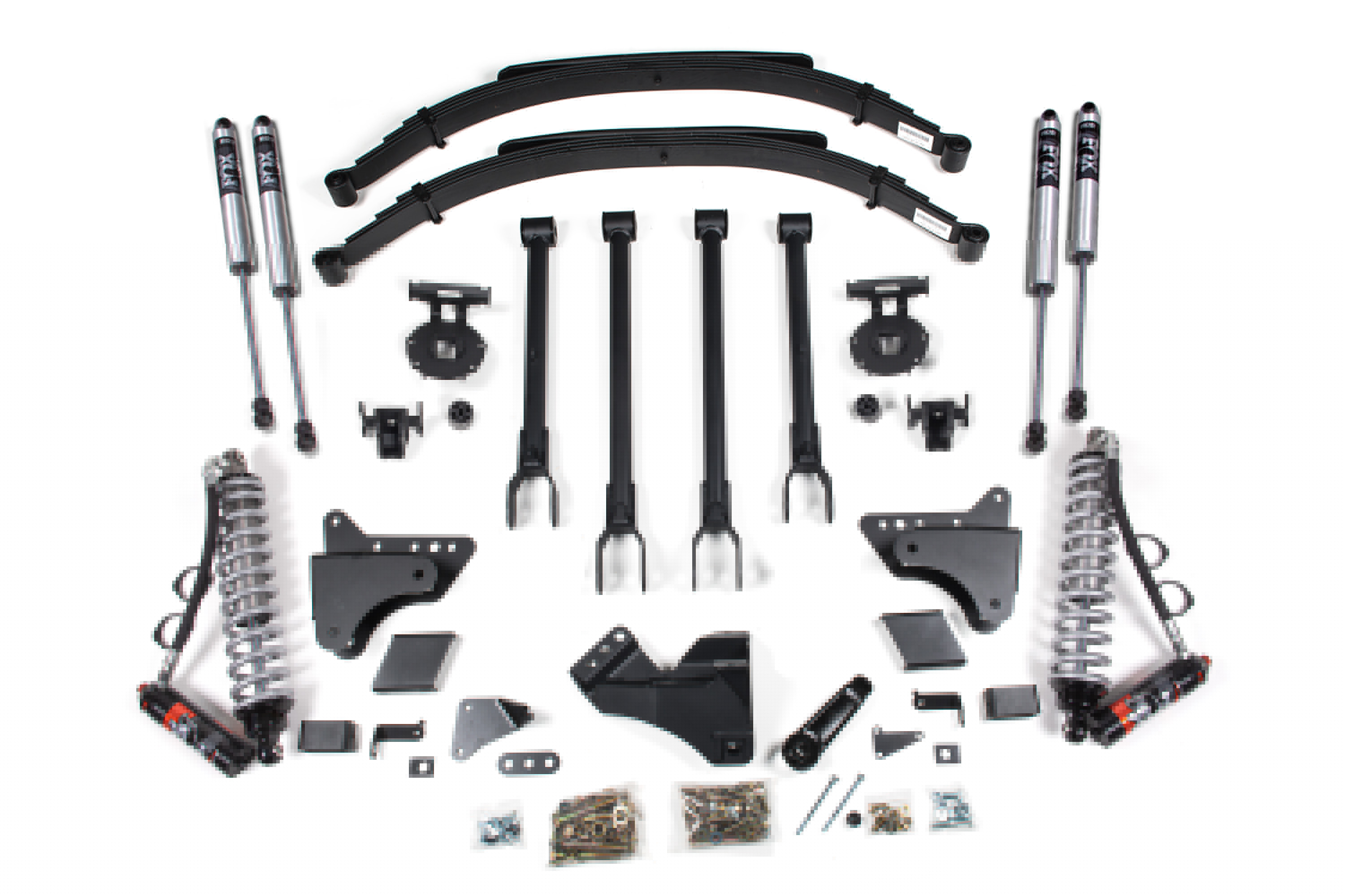 6-inch lift kit with 4-link and FOX 2.5 coil-over conversion for Ford F250/F350 Super Duty 4WD diesel, featuring various components.