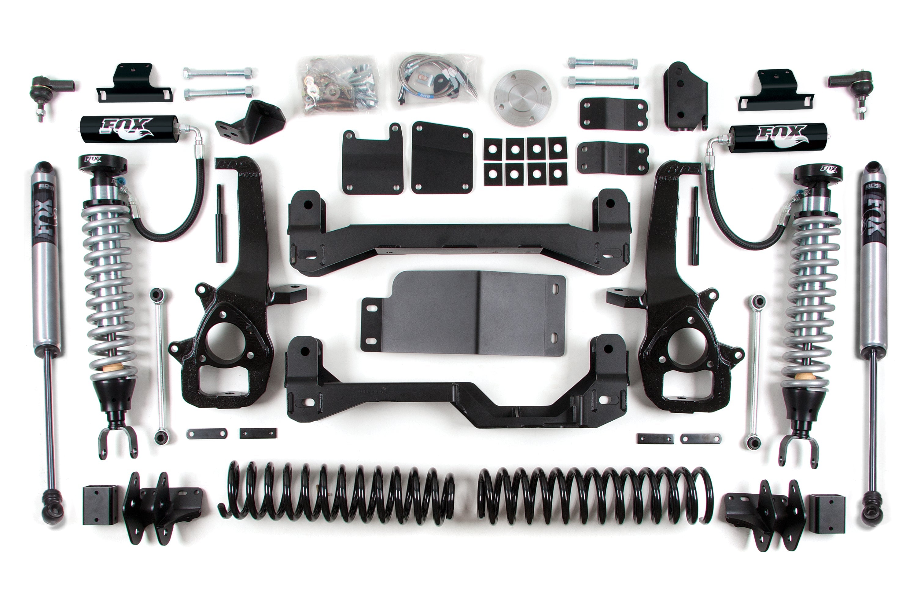 6-inch lift kit components for Ram 1500 (2013-2018) 4WD, including FOX 2.5 coil-overs, brackets, and hardware.