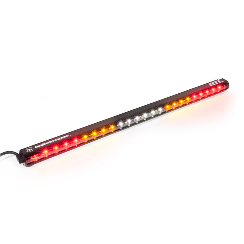 Baja Designs RTL-S Single Straight 30in Light Bar featuring red, amber, and white LED lights for offroad visibility.